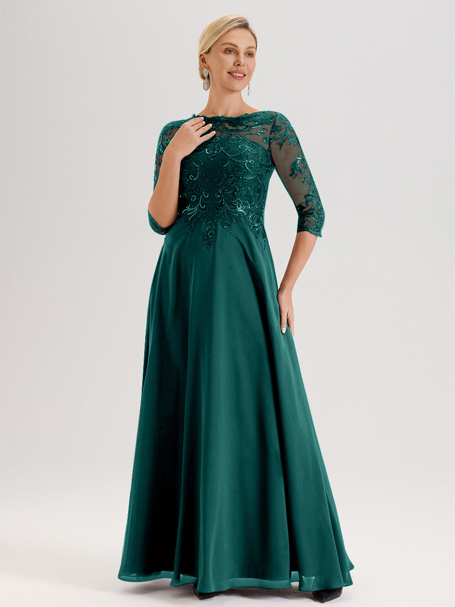 Cicinia Robe Mère De La Mariée Couleur Paon Col Ras Du Cou Manches Trois-Quarts En Chiffon Et Dentelle Longueur Au Sol