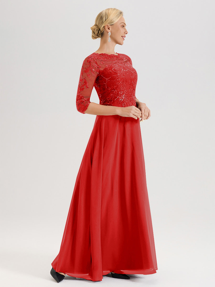 Cicinia Robe Mère De La Mariée Rouge Col Ras Du Cou Manches Trois-Quarts En Chiffon Et Dentelle Longueur Au Sol