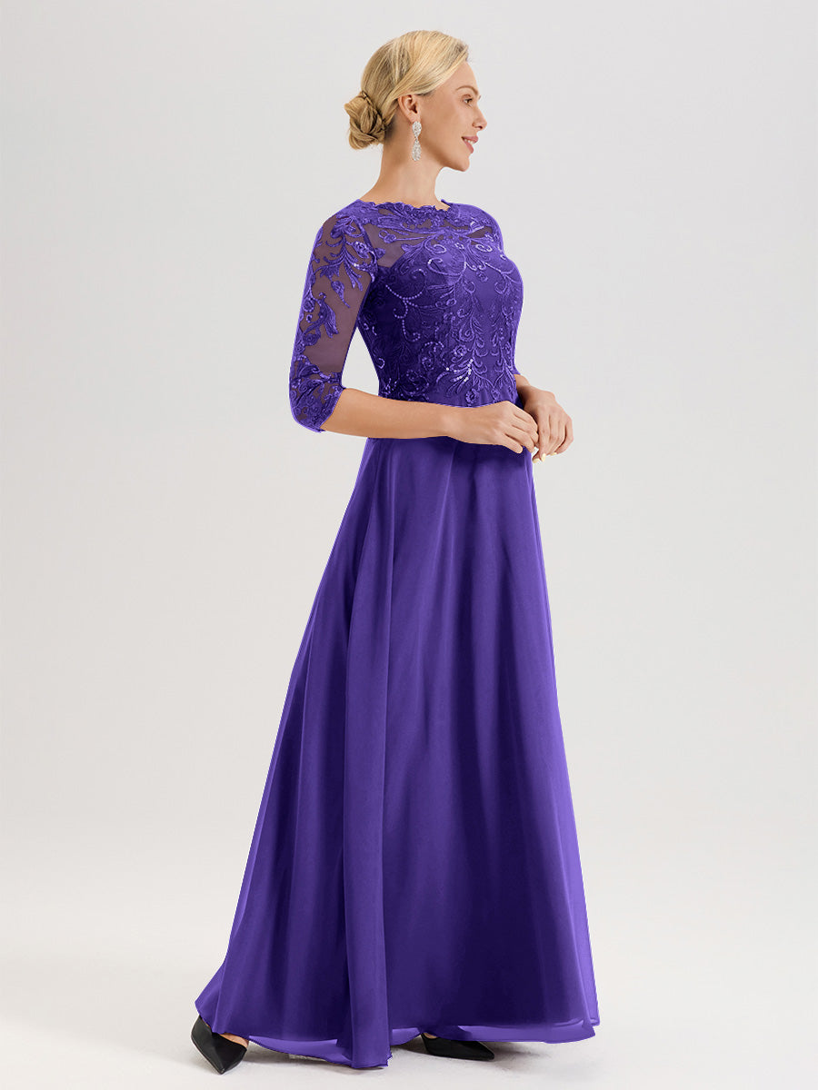 Cicinia Robe Mère De La Mariée En Régence Col Ras Du Cou Manches Trois-Quarts En Chiffon Et Dentelle Longueur Au Sol