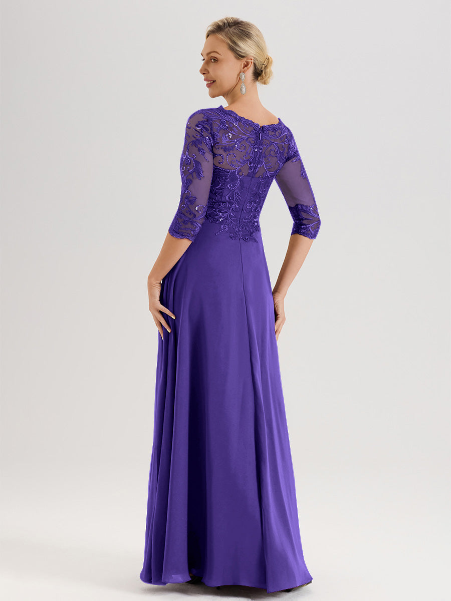 Cicinia Robe Mère De La Mariée En Régence Col Ras Du Cou Manches Trois-Quarts En Chiffon Et Dentelle Longueur Au Sol