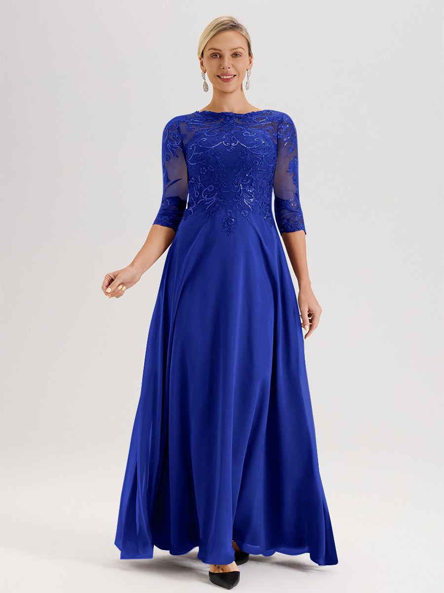 Cicinia Robe Mère De La Mariée Bleu Royal Col Ras Du Cou Manches Trois-Quarts En Chiffon Et Dentelle Longueur Au Sol