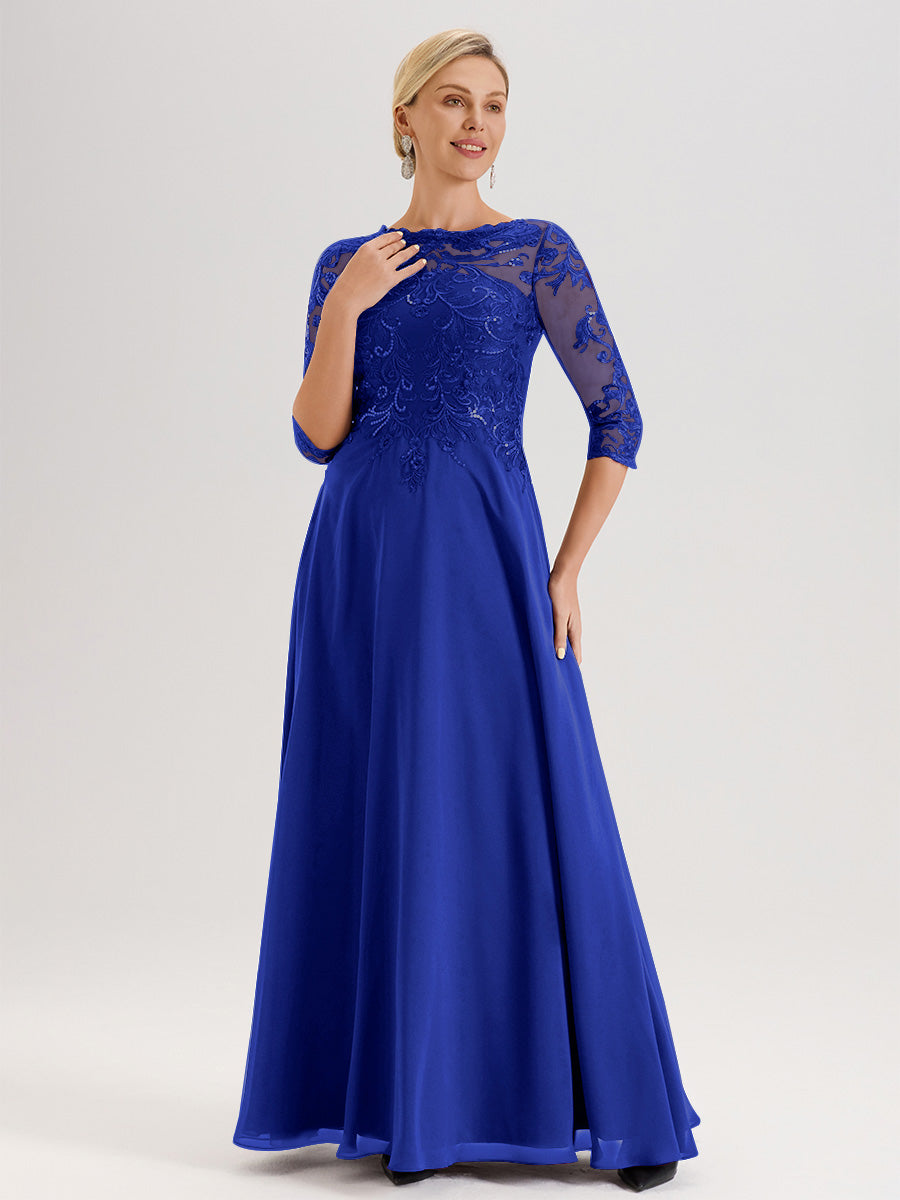 Cicinia Robe Mère De La Mariée Bleu Royal Col Ras Du Cou Manches Trois-Quarts En Chiffon Et Dentelle Longueur Au Sol