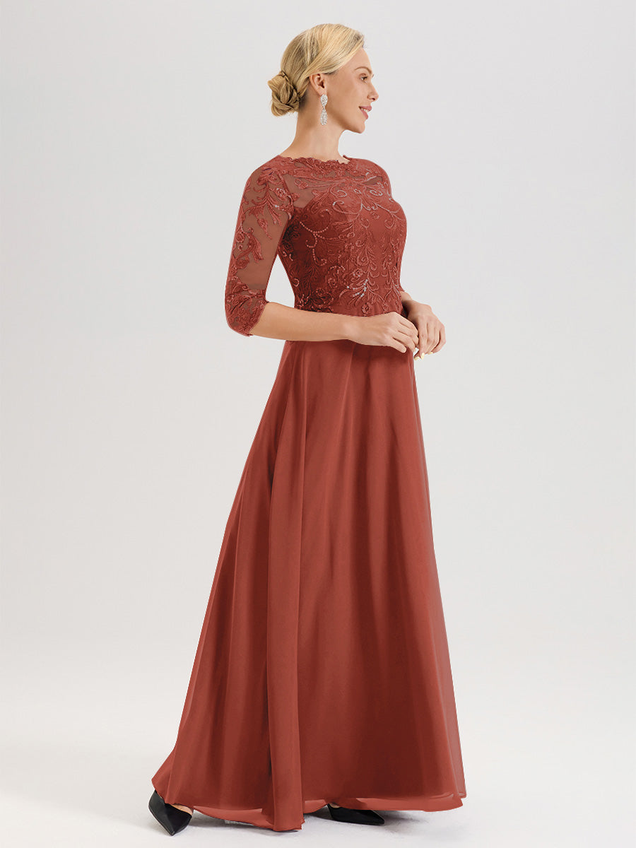 Cicinia Robe Mère De La Mariée Couleur Rouille Col Ras Du Cou Manches Trois-Quarts En Chiffon Et Dentelle Longueur Au Sol