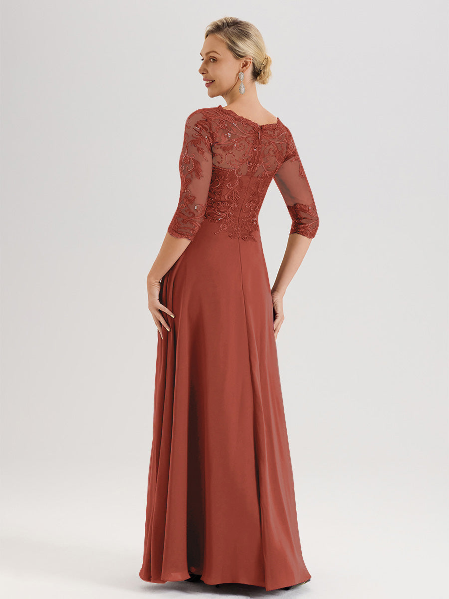 Cicinia Robe Mère De La Mariée Couleur Rouille Col Ras Du Cou Manches Trois-Quarts En Chiffon Et Dentelle Longueur Au Sol