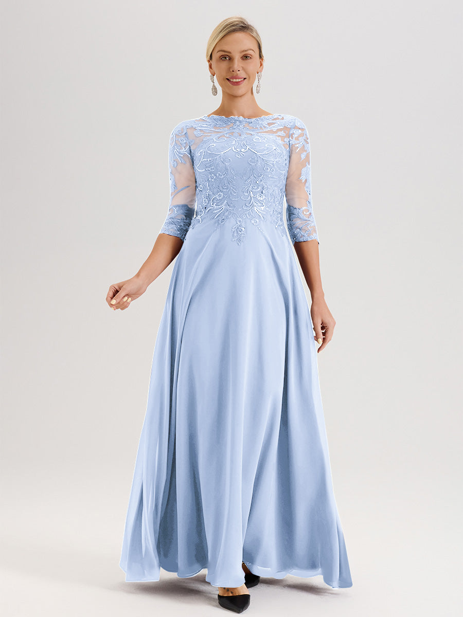 Cicinia Robe Mère De La Mariée Bleu Ciel Col Ras Du Cou Manches Trois-Quarts En Chiffon Et Dentelle Longueur Au Sol