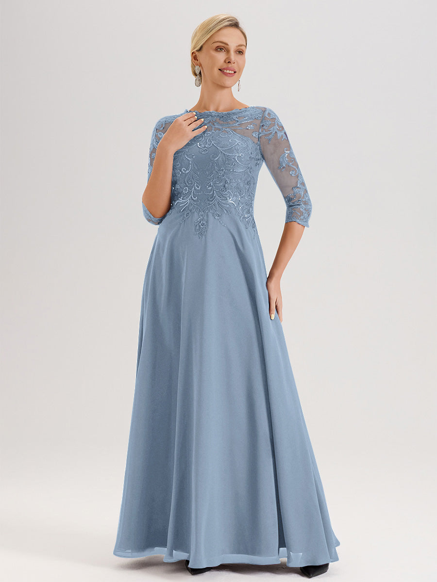 Cicinia Robe Mère De La Mariée Bleu De Schiste Col Ras Du Cou Manches Trois-Quarts En Chiffon Et Dentelle Longueur Au Sol