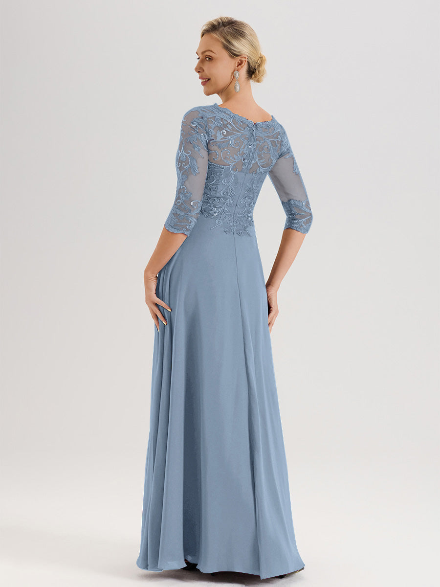 Cicinia Robe Mère De La Mariée Bleu De Schiste Col Ras Du Cou Manches Trois-Quarts En Chiffon Et Dentelle Longueur Au Sol