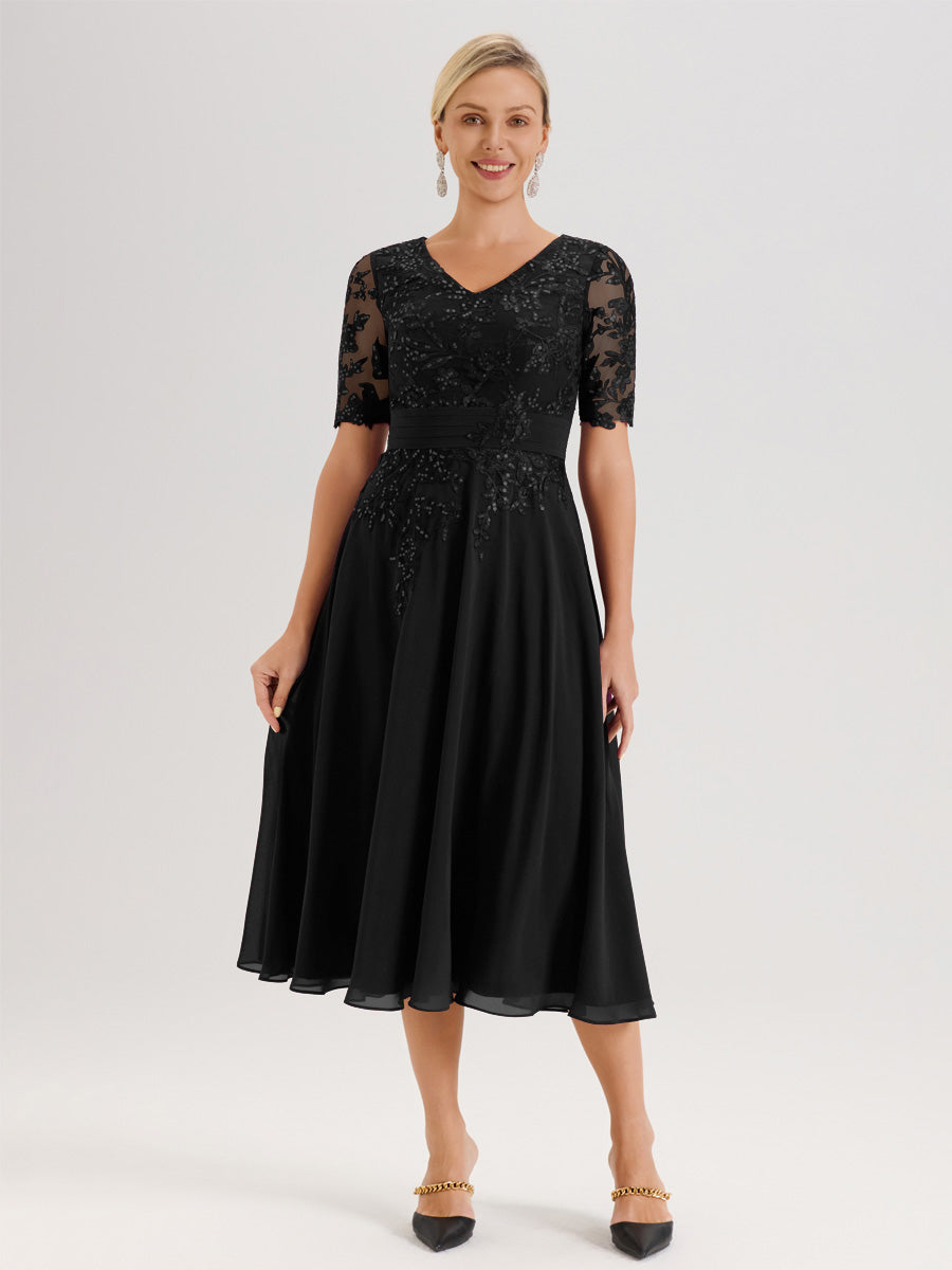 Cicinia Robe Mère De La Mariée Moderne Noir Décolleté En V Manches Courtes Longueur Mi-Mollet