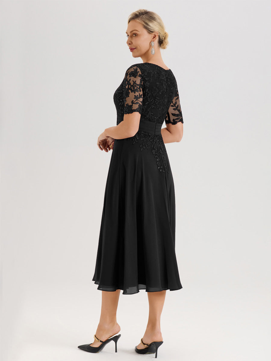 Cicinia Robe Mère De La Mariée Moderne Noir Décolleté En V Manches Courtes Longueur Mi-Mollet