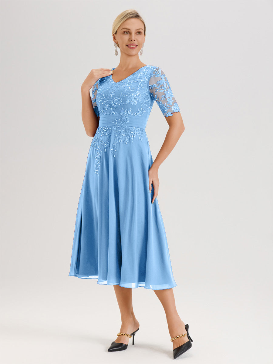 Cicinia Robe Mère De La Mariée Moderne Bleu Décolleté En V Manches Courtes Longueur Mi-Mollet
