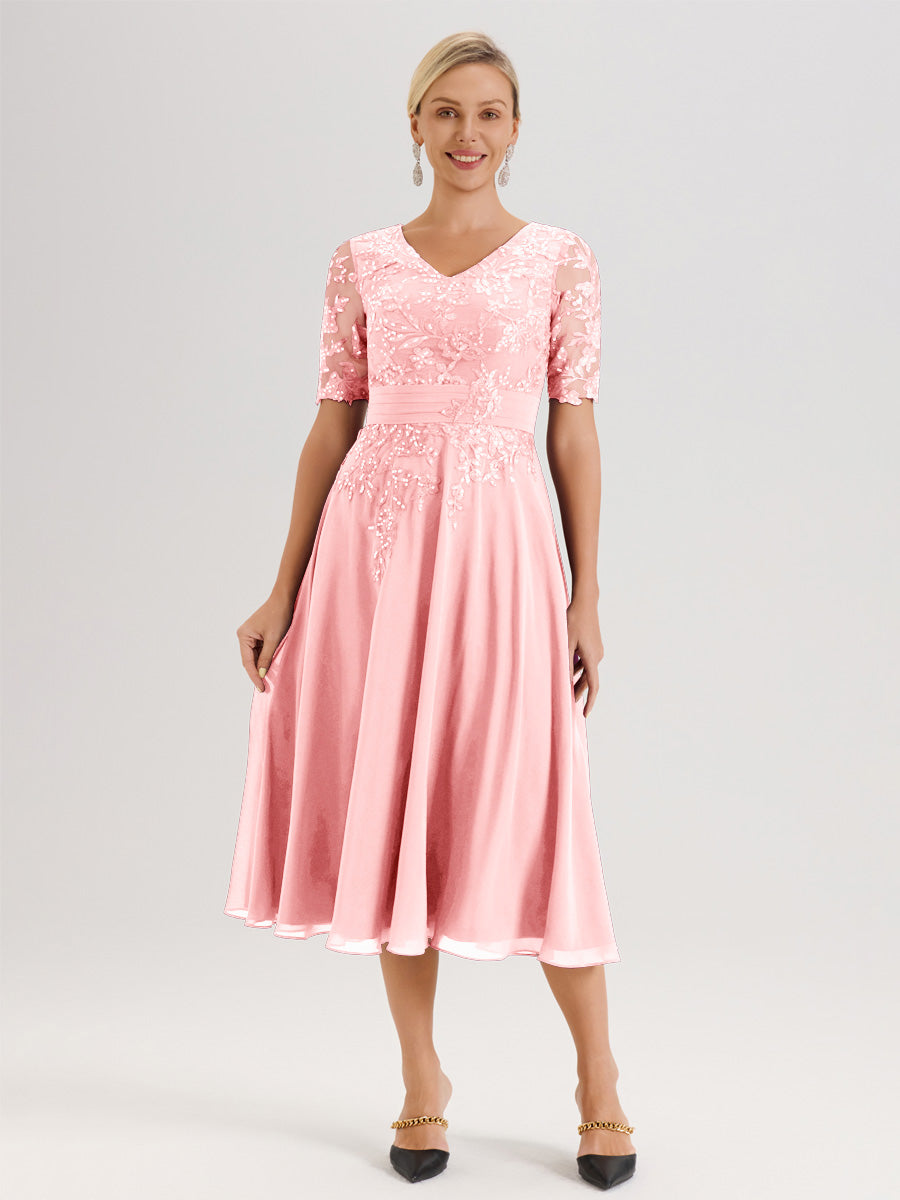Cicinia Robe Mère De La Mariée Moderne En Rose Décolleté En V Manches Courtes Longueur Mi-Mollet