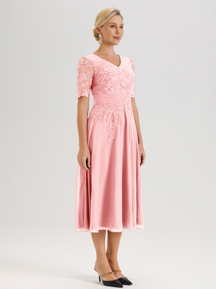 Cicinia Robe Mère De La Mariée Moderne En Rose Décolleté En V Manches Courtes Longueur Mi-Mollet