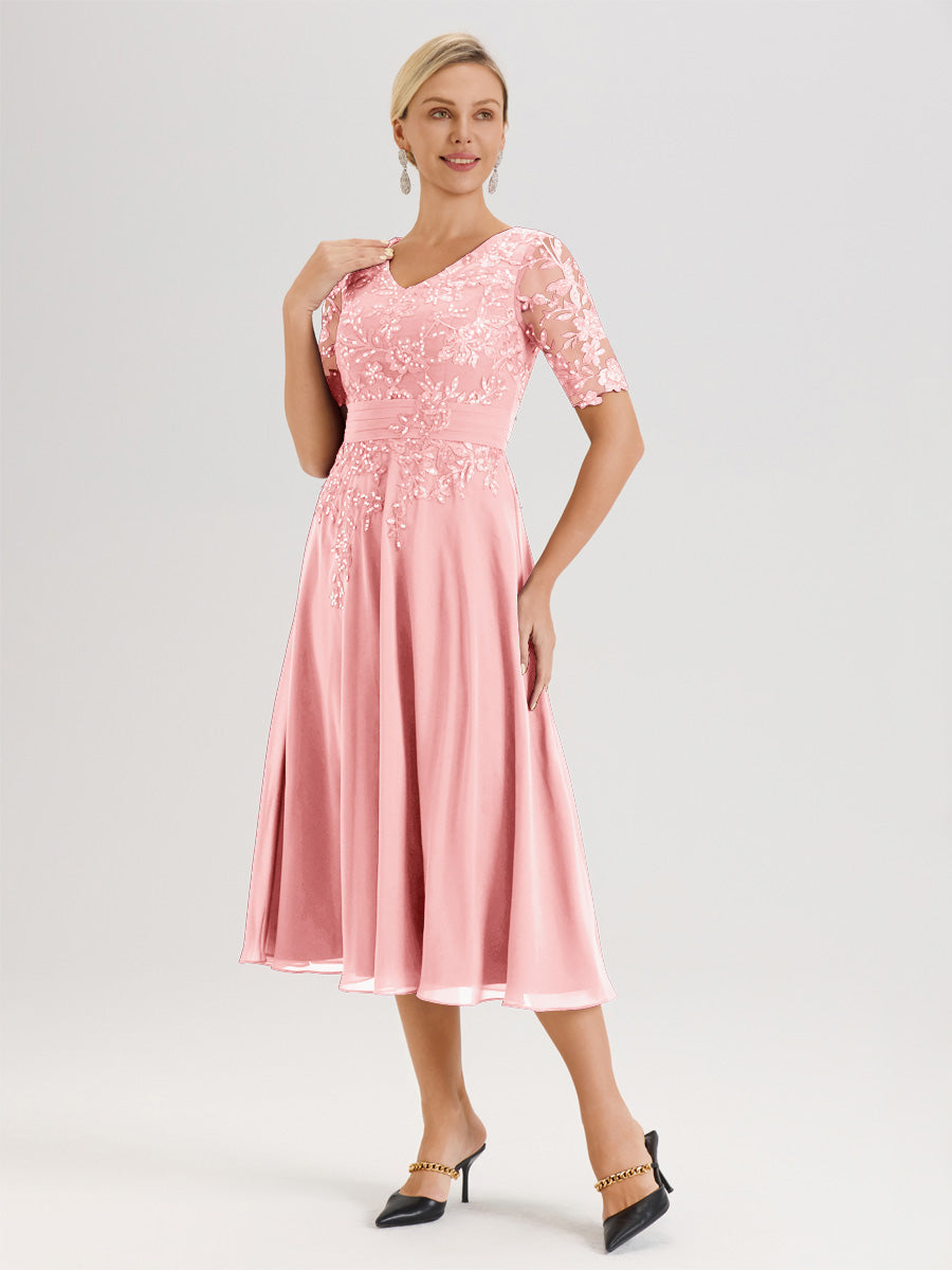Cicinia Robe Mère De La Mariée Moderne En Rose Décolleté En V Manches Courtes Longueur Mi-Mollet