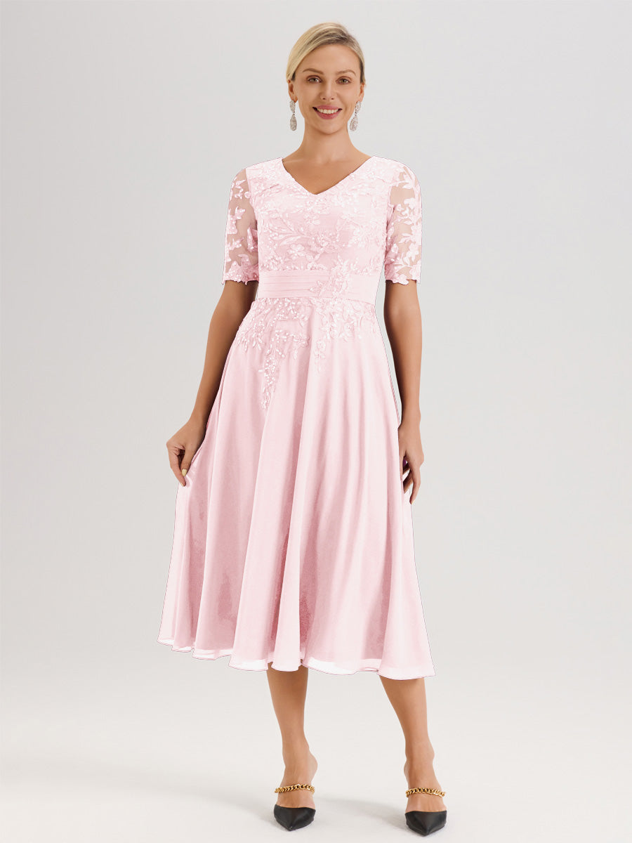 Cicinia Robe Mère De La Mariée Moderne Rose Pale Décolleté En V Manches Courtes Longueur Mi-Mollet