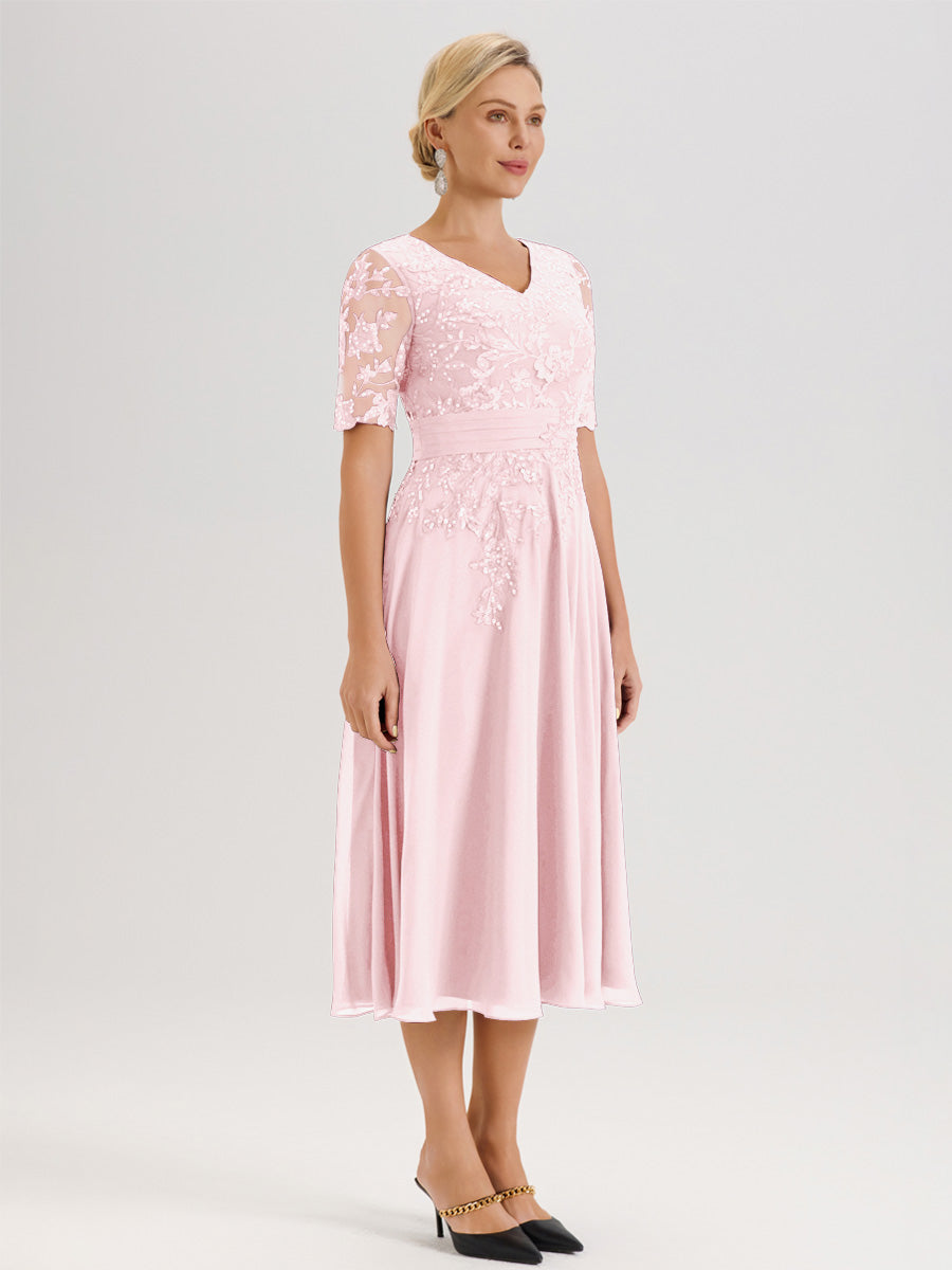 Cicinia Robe Mère De La Mariée Moderne Rose Pale Décolleté En V Manches Courtes Longueur Mi-Mollet