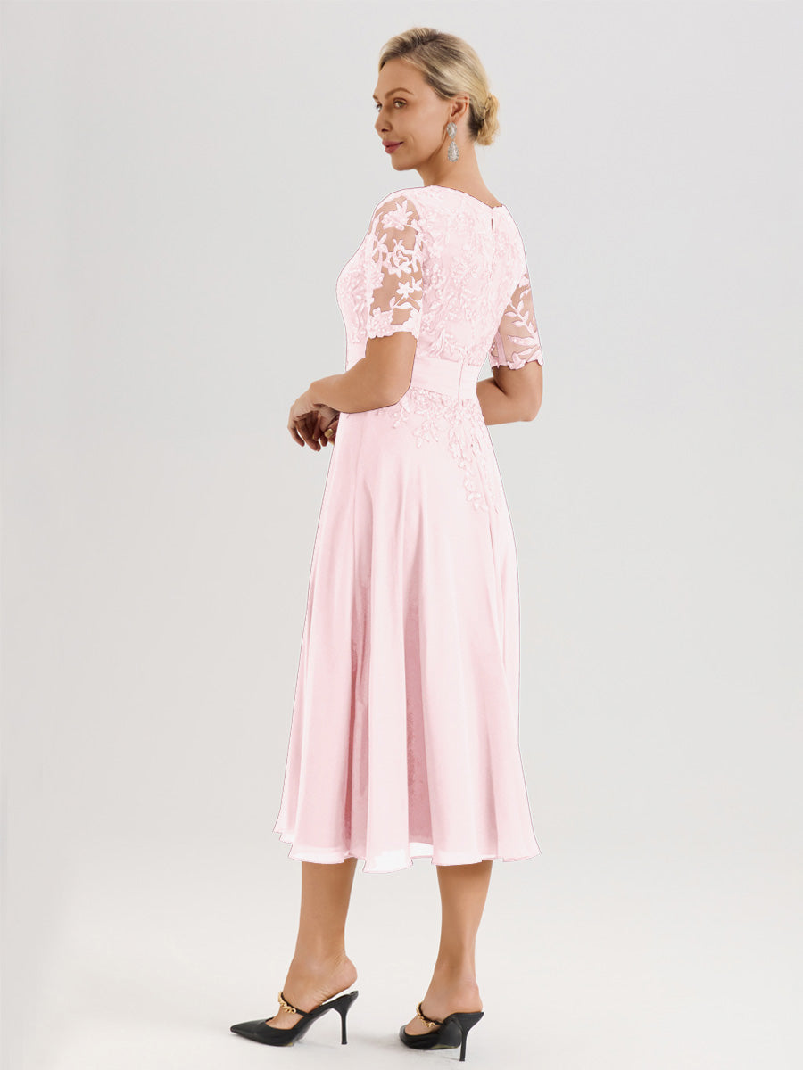 Cicinia Robe Mère De La Mariée Moderne Rose Pale Décolleté En V Manches Courtes Longueur Mi-Mollet
