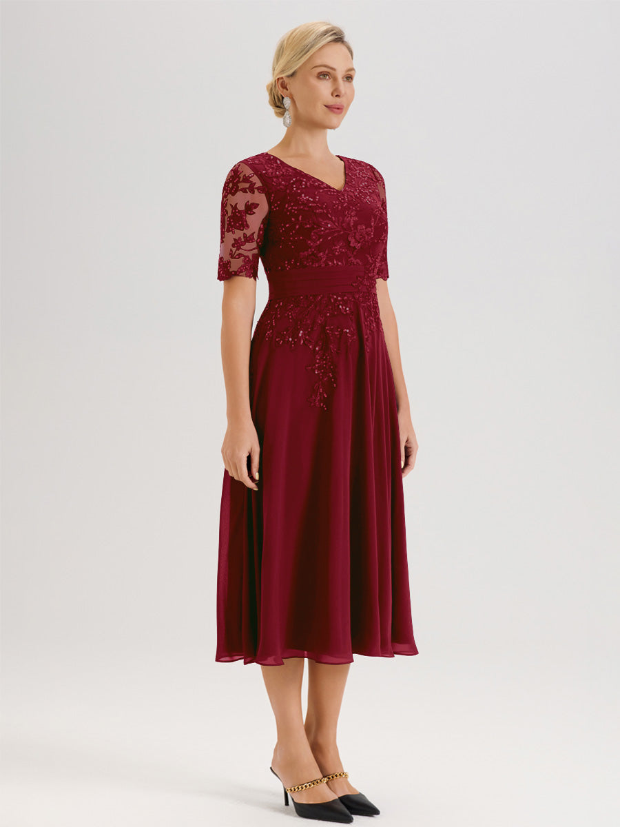Cicinia Robe Mère De La Mariée Moderne Rouge Bordeaux Décolleté En V Manches Courtes Longueur Mi-Mollet