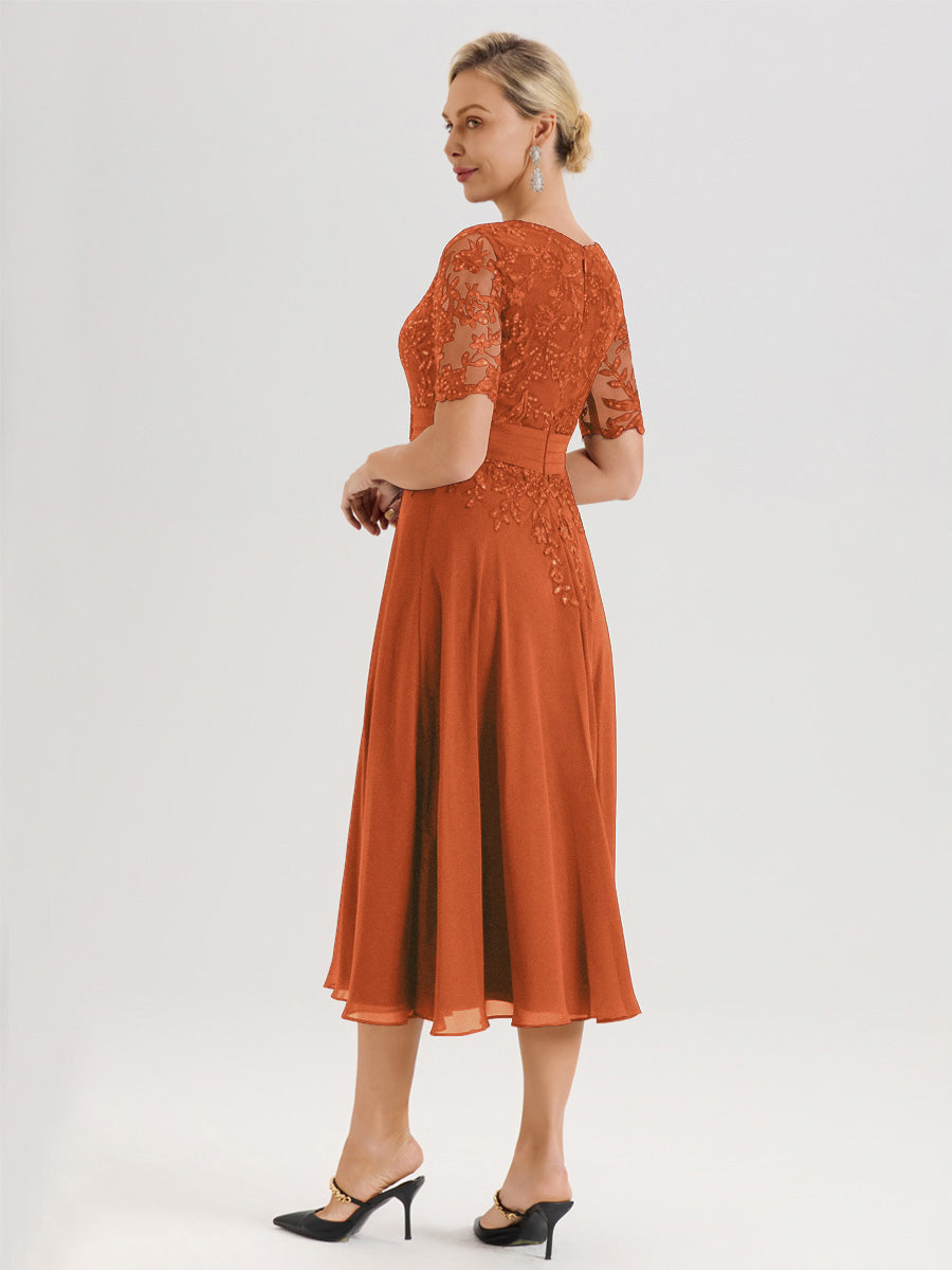 Cicinia Robe Mère De La Mariée Moderne Orange Foncé Décolleté En V Manches Courtes Longueur Mi-Mollet