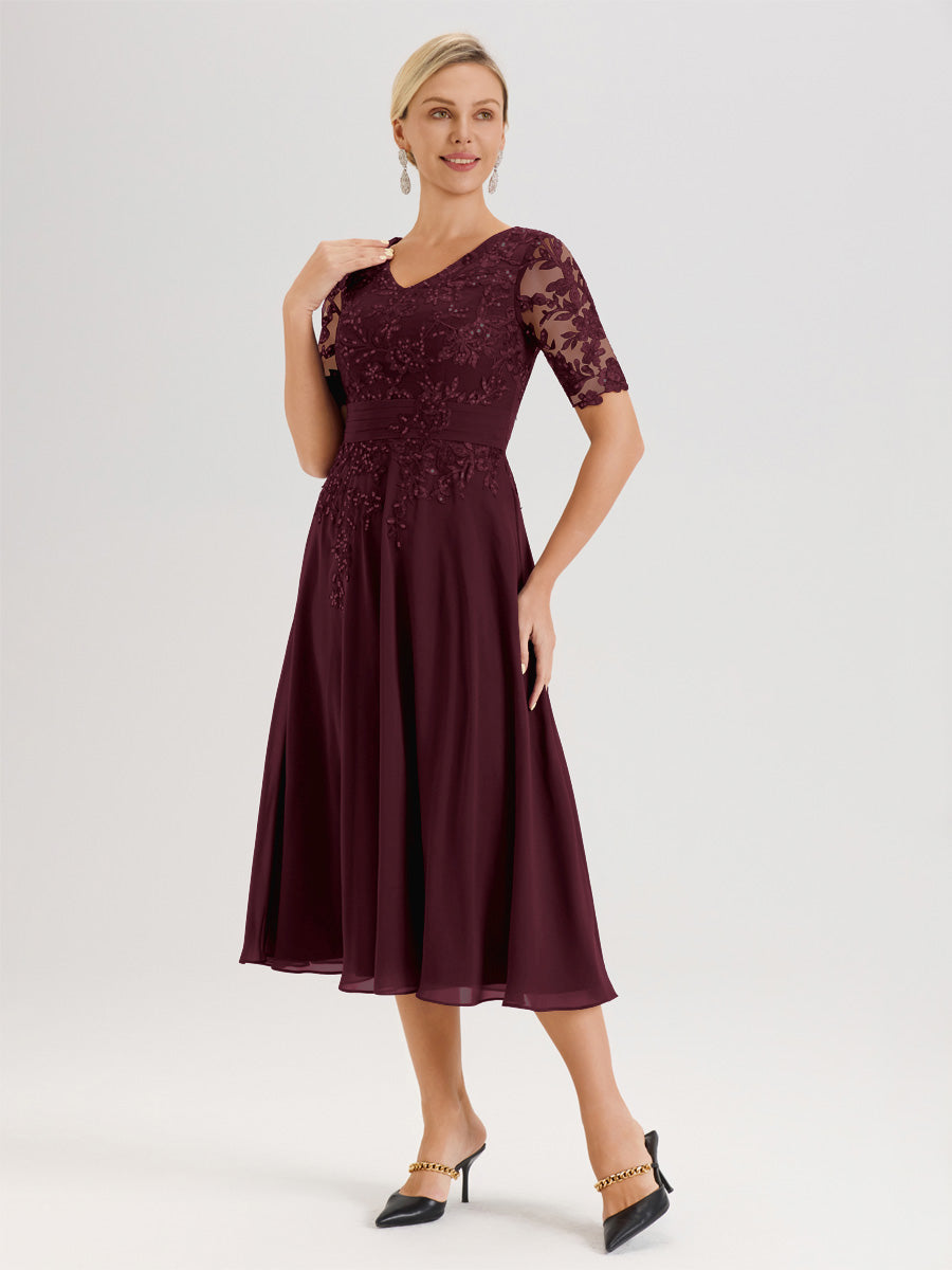 Cicinia Robe Mère De La Mariée Moderne Cabernet Décolleté En V Manches Courtes Longueur Mi-Mollet