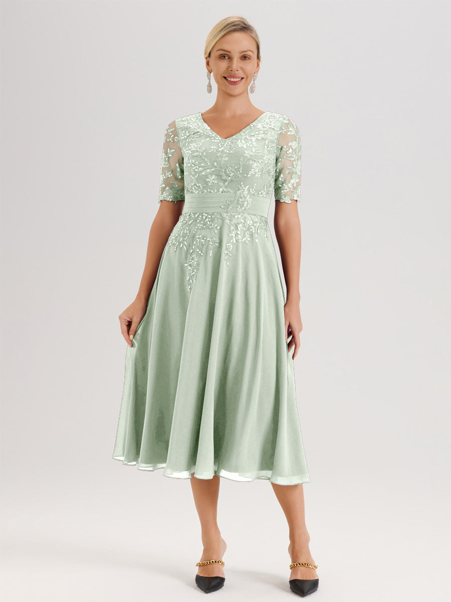 Cicinia Robe Mère De La Mariée Moderne Celadon Décolleté En V Manches Courtes Longueur Mi-Mollet