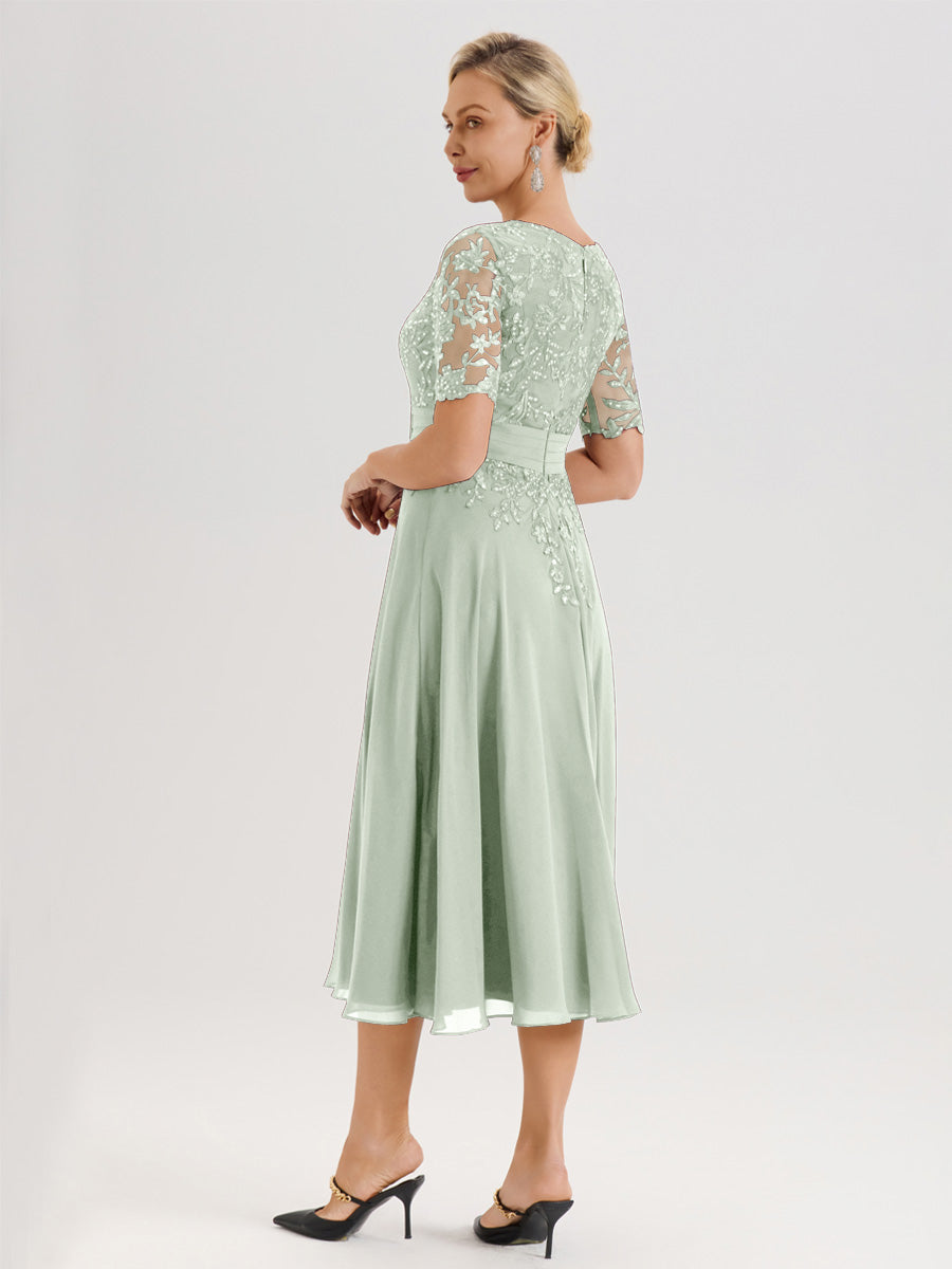 Cicinia Robe Mère De La Mariée Moderne Celadon Décolleté En V Manches Courtes Longueur Mi-Mollet