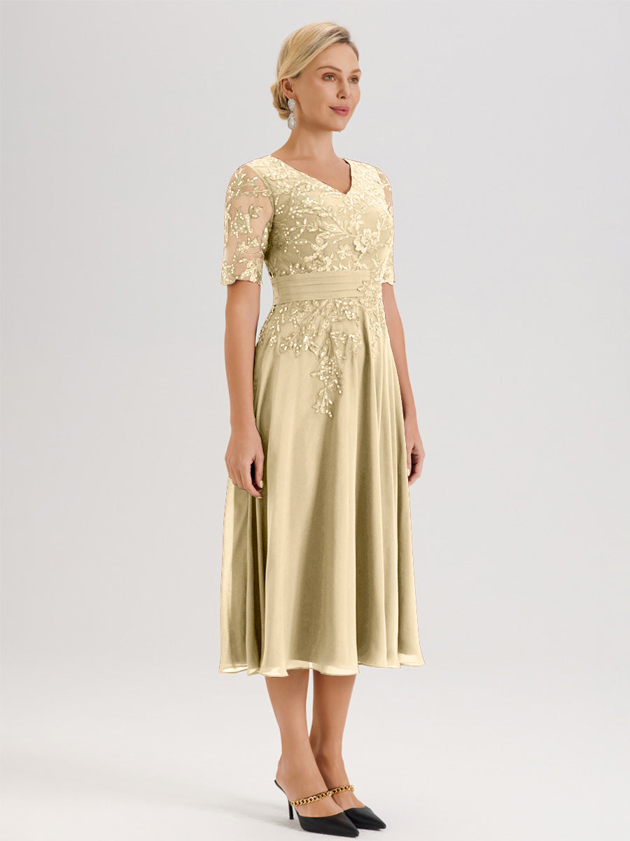 Cicinia Robe Mère De La Mariée Moderne Champagne Décolleté En V Manches Courtes Longueur Mi-Mollet