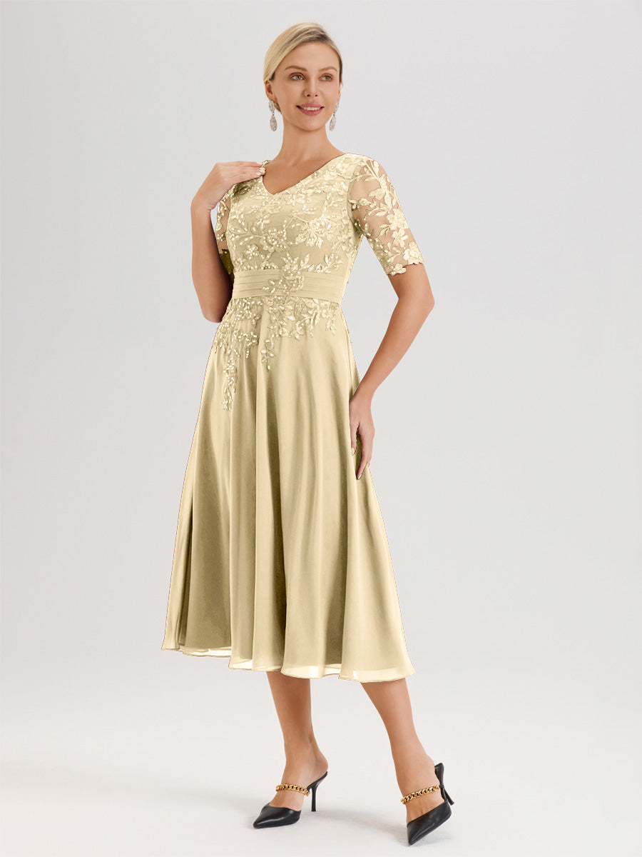 Cicinia Robe Mère De La Mariée Moderne Champagne Décolleté En V Manches Courtes Longueur Mi-Mollet