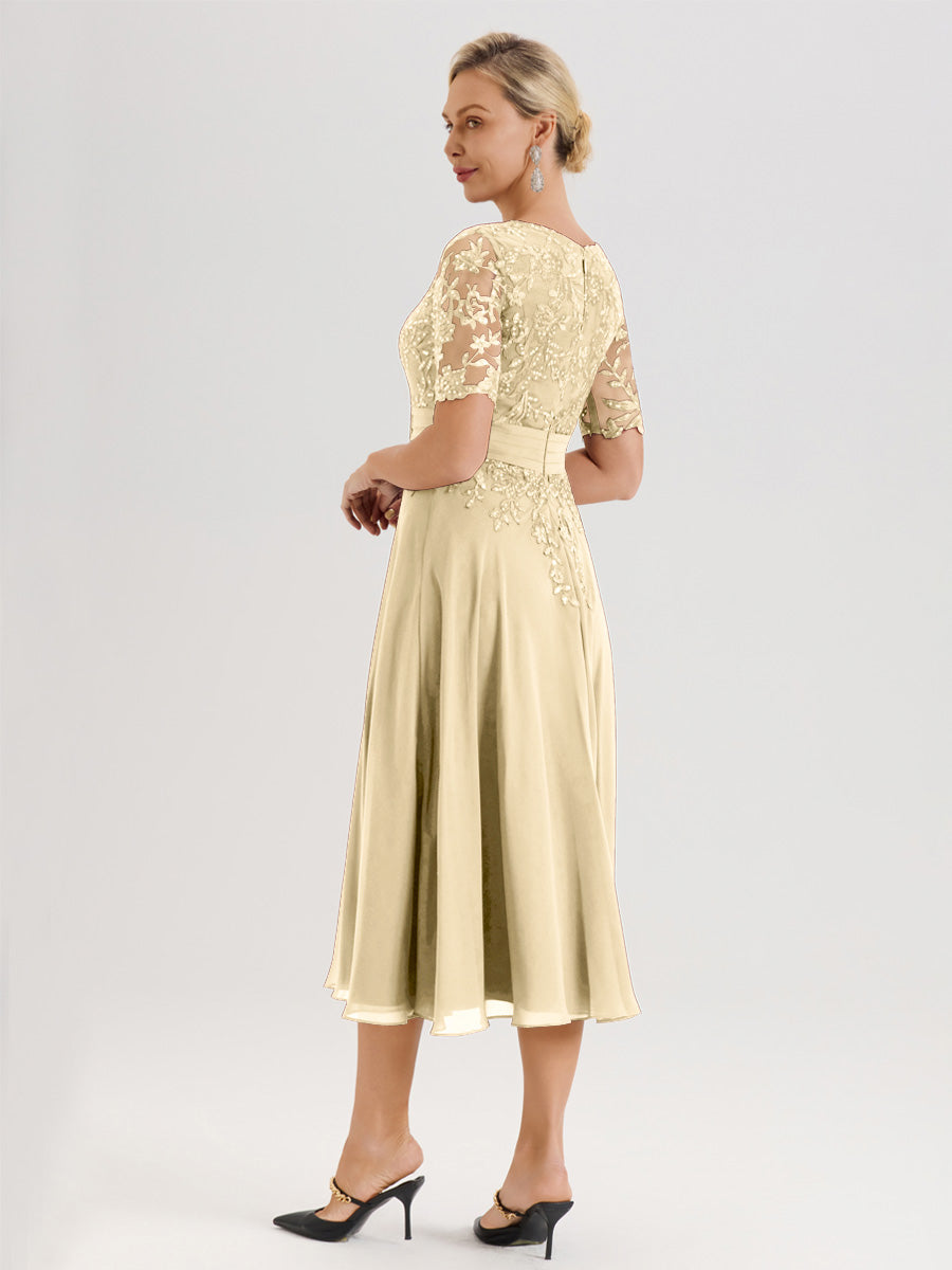 Cicinia Robe Mère De La Mariée Moderne Champagne Décolleté En V Manches Courtes Longueur Mi-Mollet