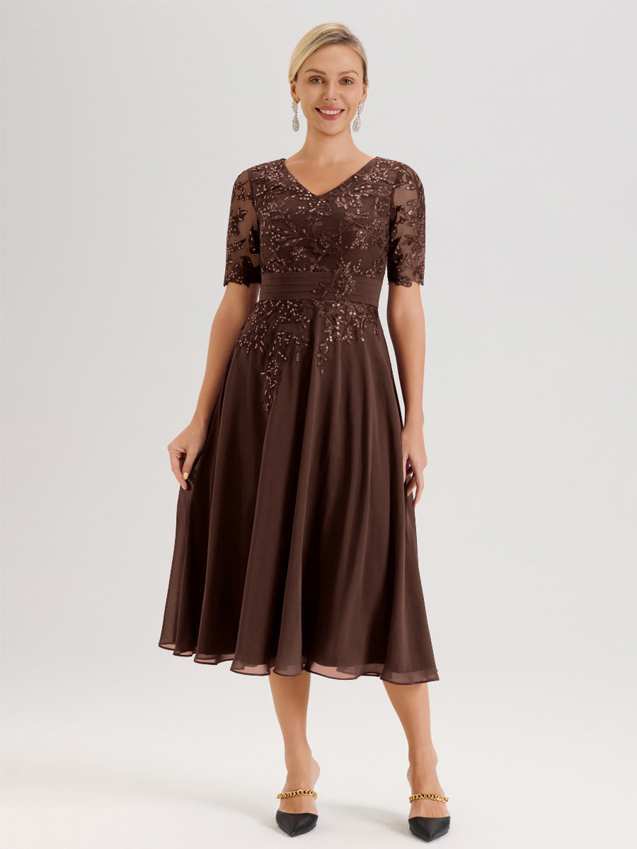 Cicinia Robe Mère De La Mariée Moderne Chocolat Décolleté En V Manches Courtes Longueur Mi-Mollet