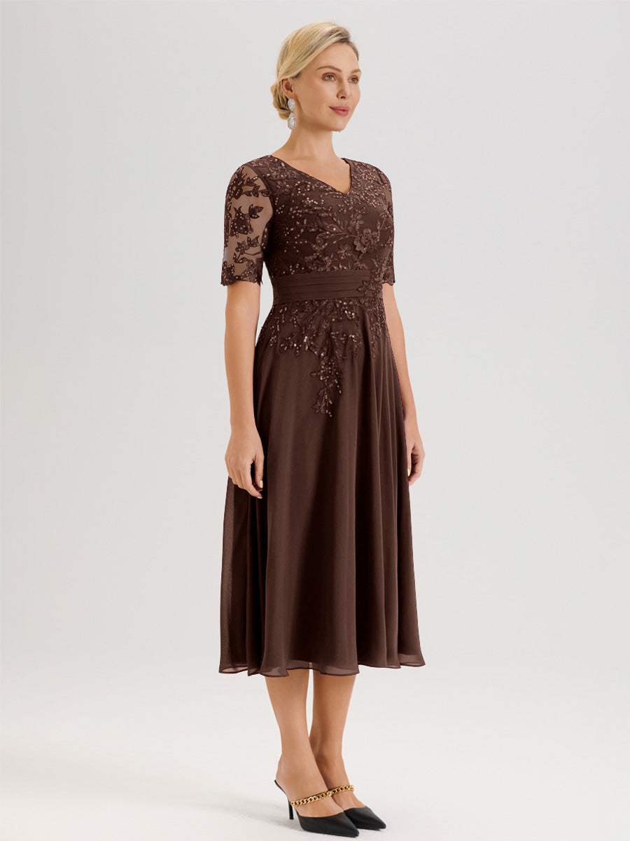 Cicinia Robe Mère De La Mariée Moderne Chocolat Décolleté En V Manches Courtes Longueur Mi-Mollet