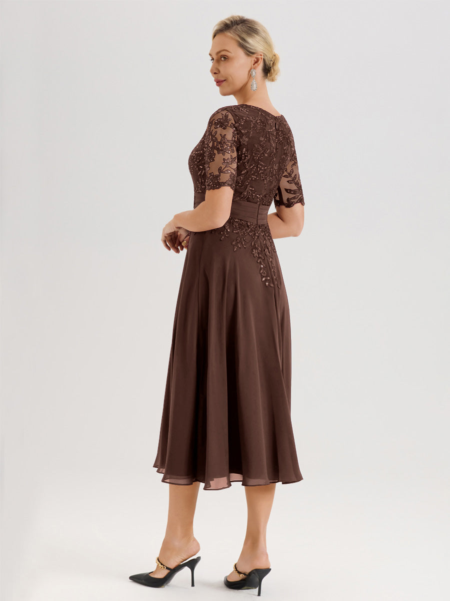 Cicinia Robe Mère De La Mariée Moderne Chocolat Décolleté En V Manches Courtes Longueur Mi-Mollet