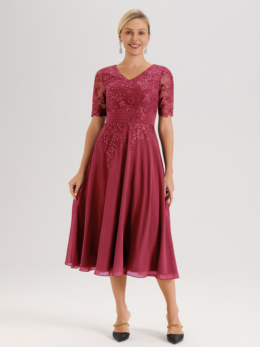 Cicinia Robe Mère De La Mariée Moderne Rose Cannelle Décolleté En V Manches Courtes Longueur Mi-Mollet