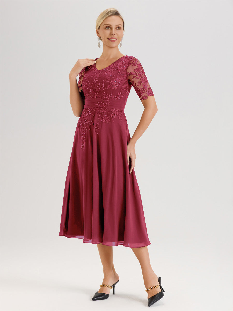 Cicinia Robe Mère De La Mariée Moderne Rose Cannelle Décolleté En V Manches Courtes Longueur Mi-Mollet