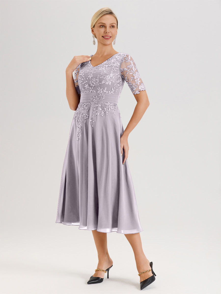 Cicinia Robe Mère De La Mariée Moderne Crépuscule Décolleté En V Manches Courtes Longueur Mi-Mollet