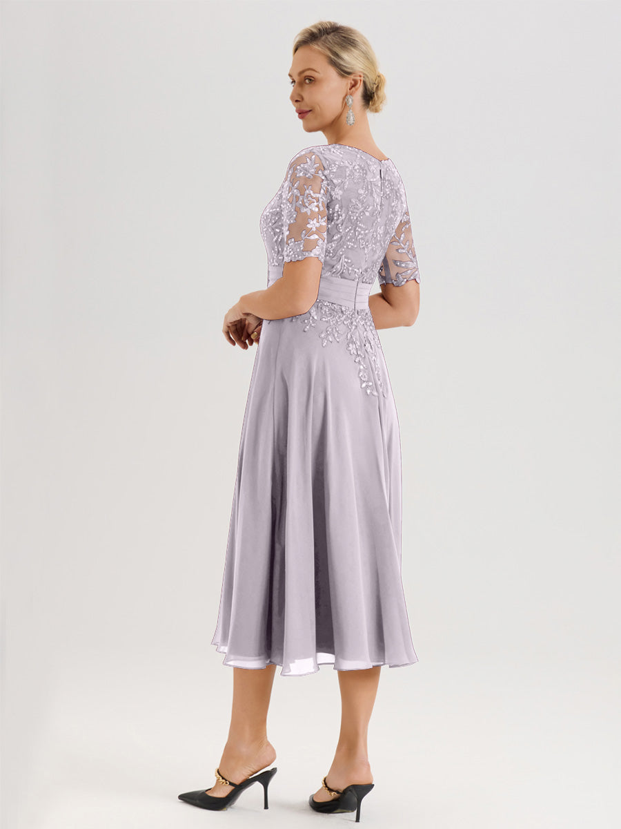 Cicinia Robe Mère De La Mariée Moderne Crépuscule Décolleté En V Manches Courtes Longueur Mi-Mollet