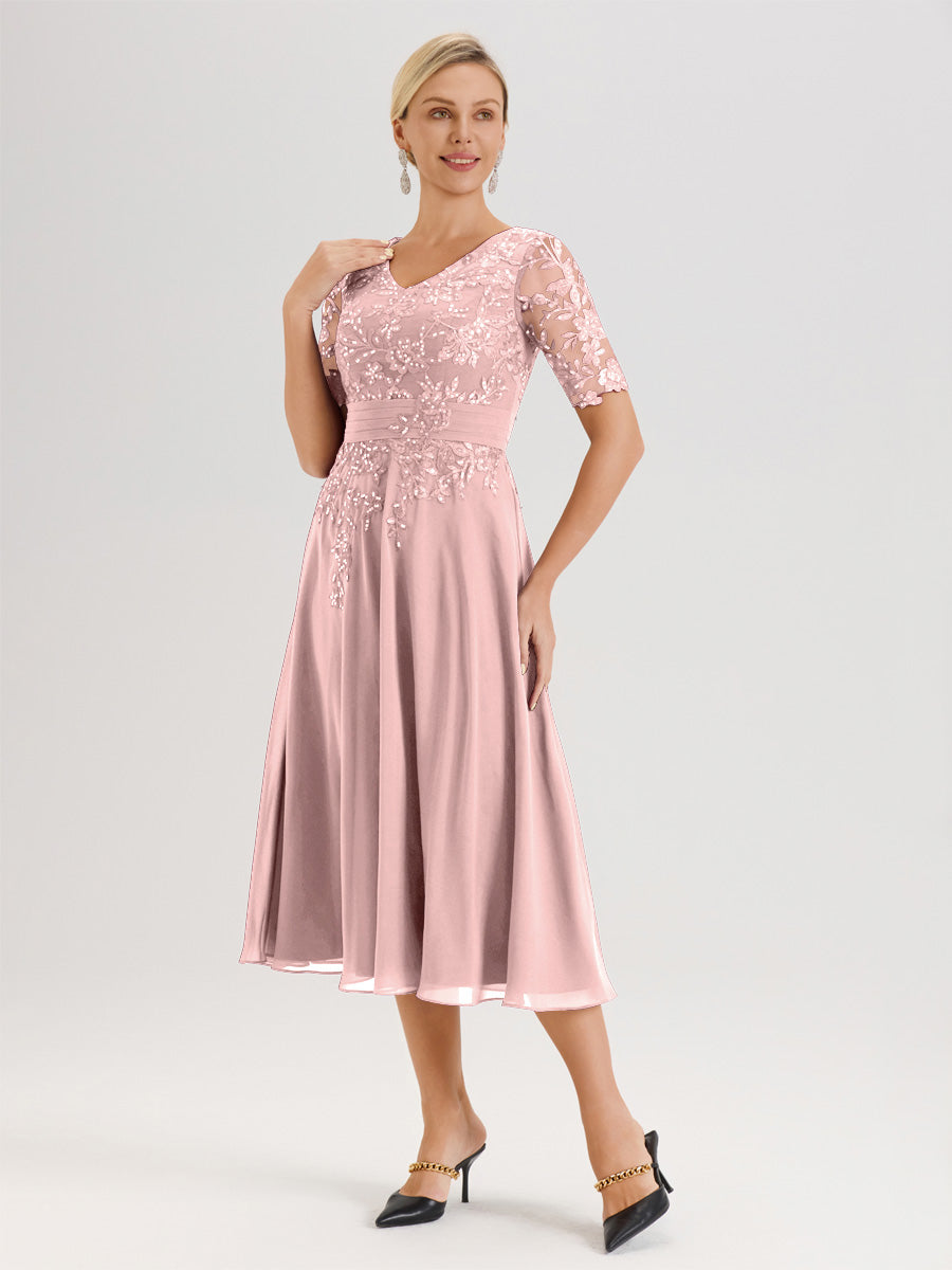 Cicinia Robe Mère De La Mariée Moderne Rose Poudrée Décolleté En V Manches Courtes Longueur Mi-Mollet