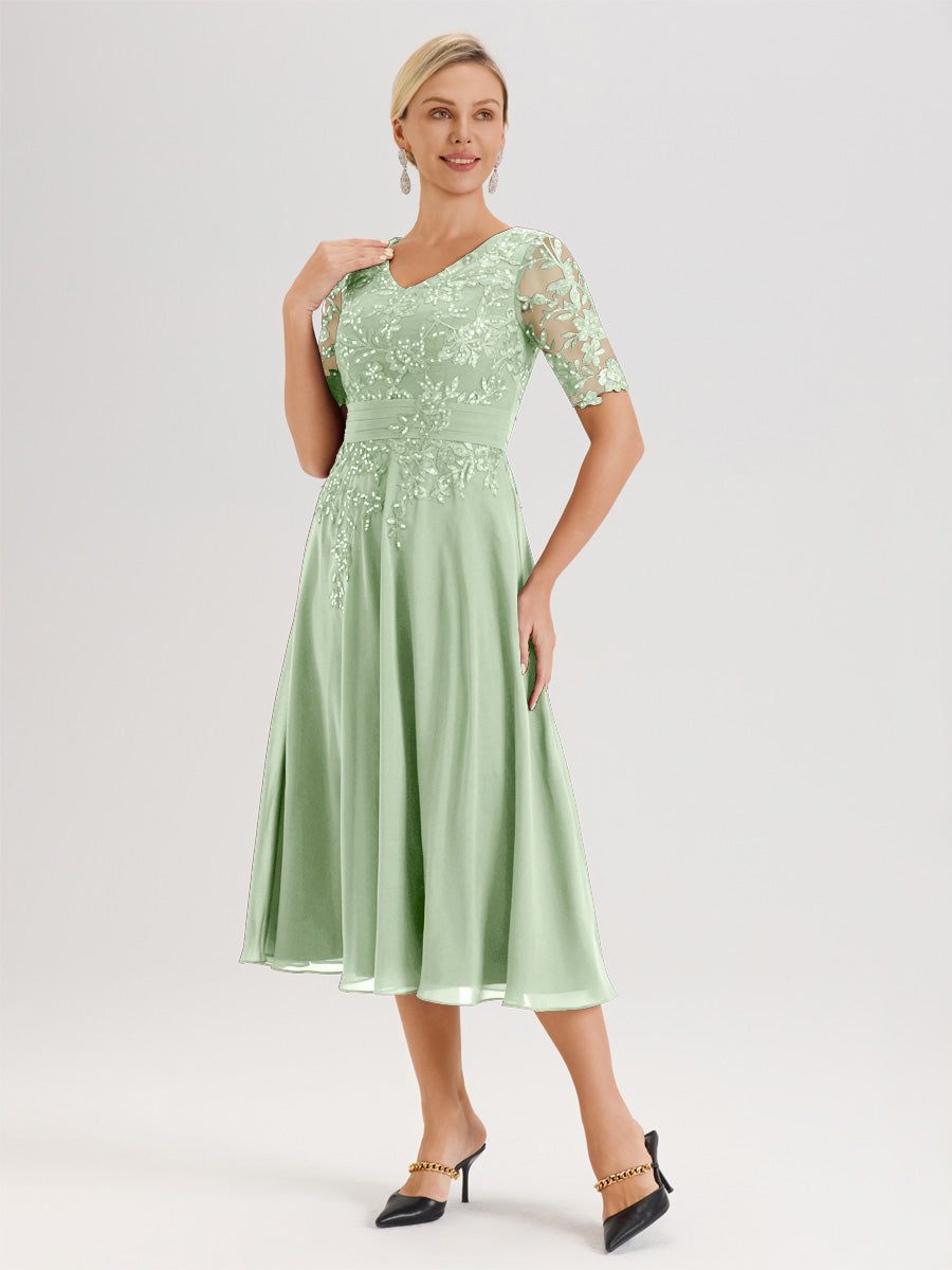 Cicinia Robe Mère De La Mariée Moderne Sauge Poudrée Décolleté En V Manches Courtes Longueur Mi-Mollet