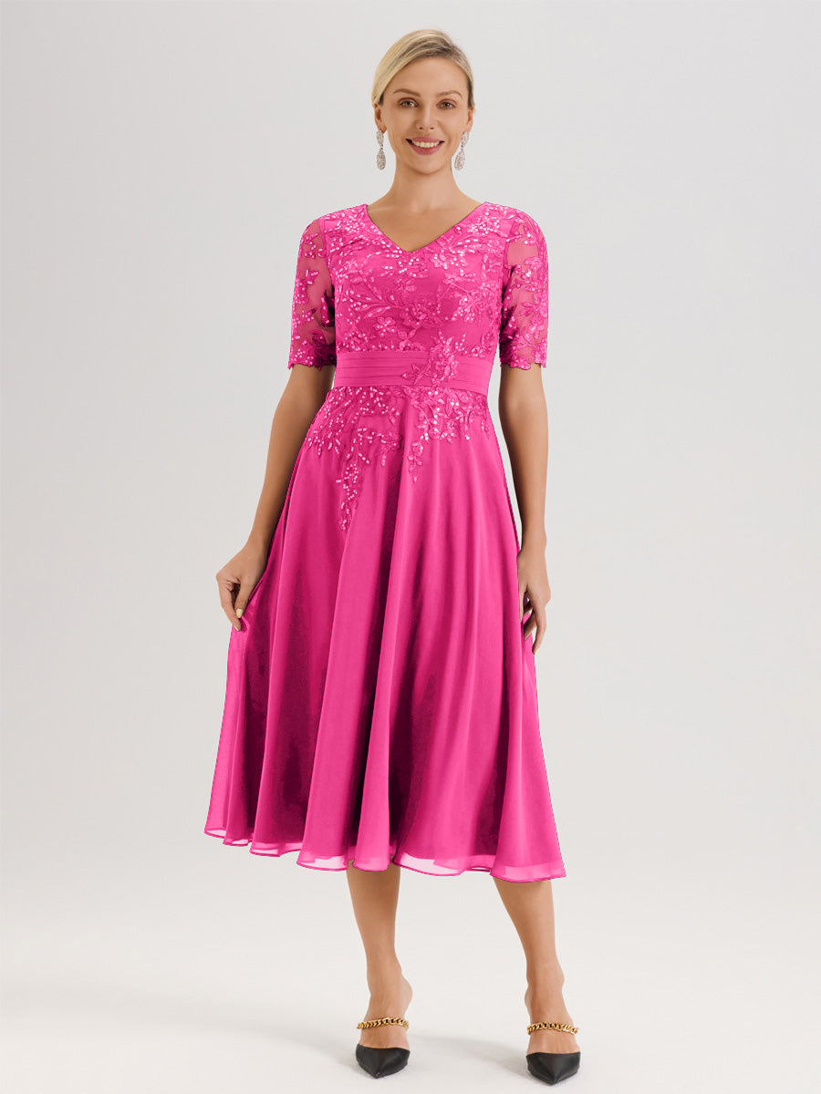 Cicinia Robe Mère De La Mariée Moderne Fuchsia Décolleté En V Manches Courtes Longueur Mi-Mollet