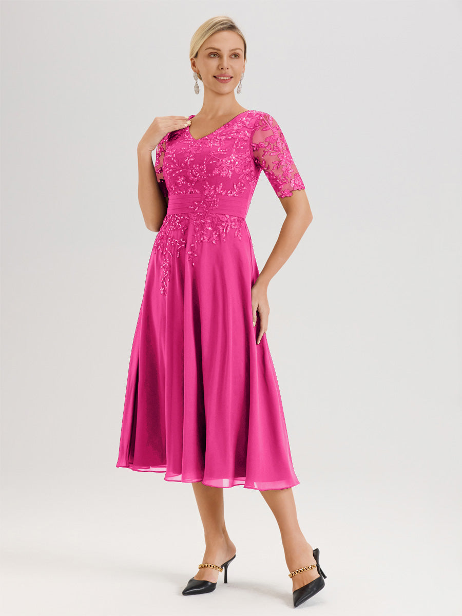 Cicinia Robe Mère De La Mariée Moderne Fuchsia Décolleté En V Manches Courtes Longueur Mi-Mollet