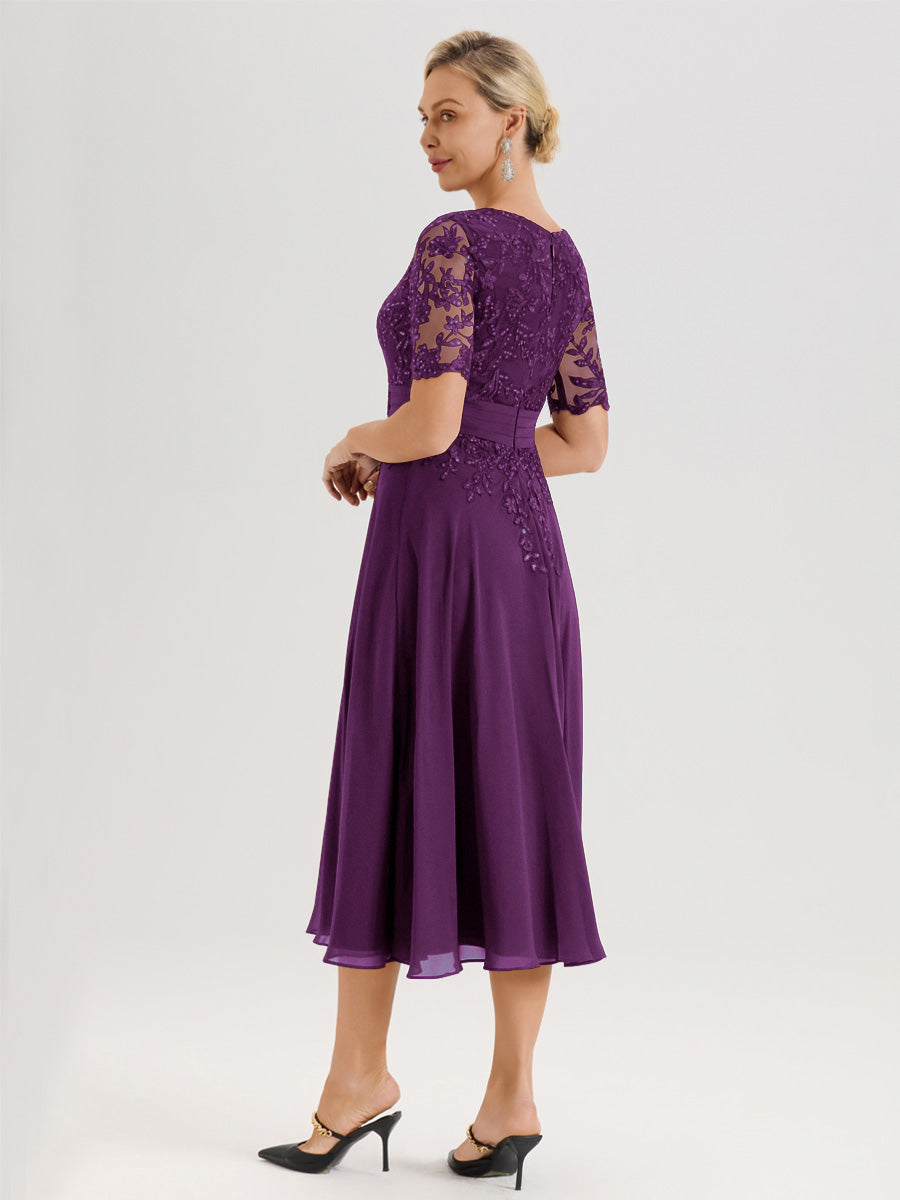 Cicinia Robe Mère De La Mariée Moderne En Raisin Décolleté En V Manches Courtes Longueur Mi-Mollet