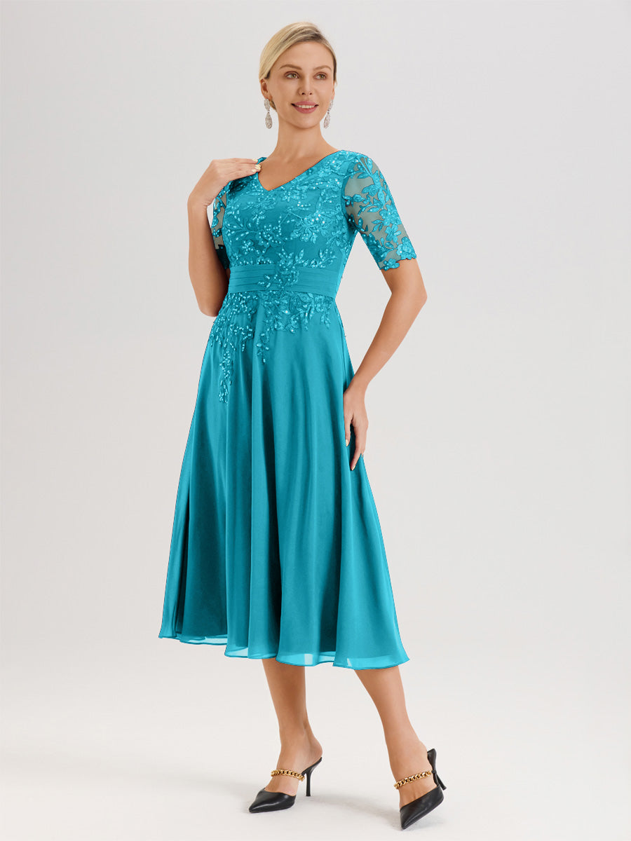 Cicinia Robe Mère De La Mariée Moderne Jade Décolleté En V Manches Courtes Longueur Mi-Mollet