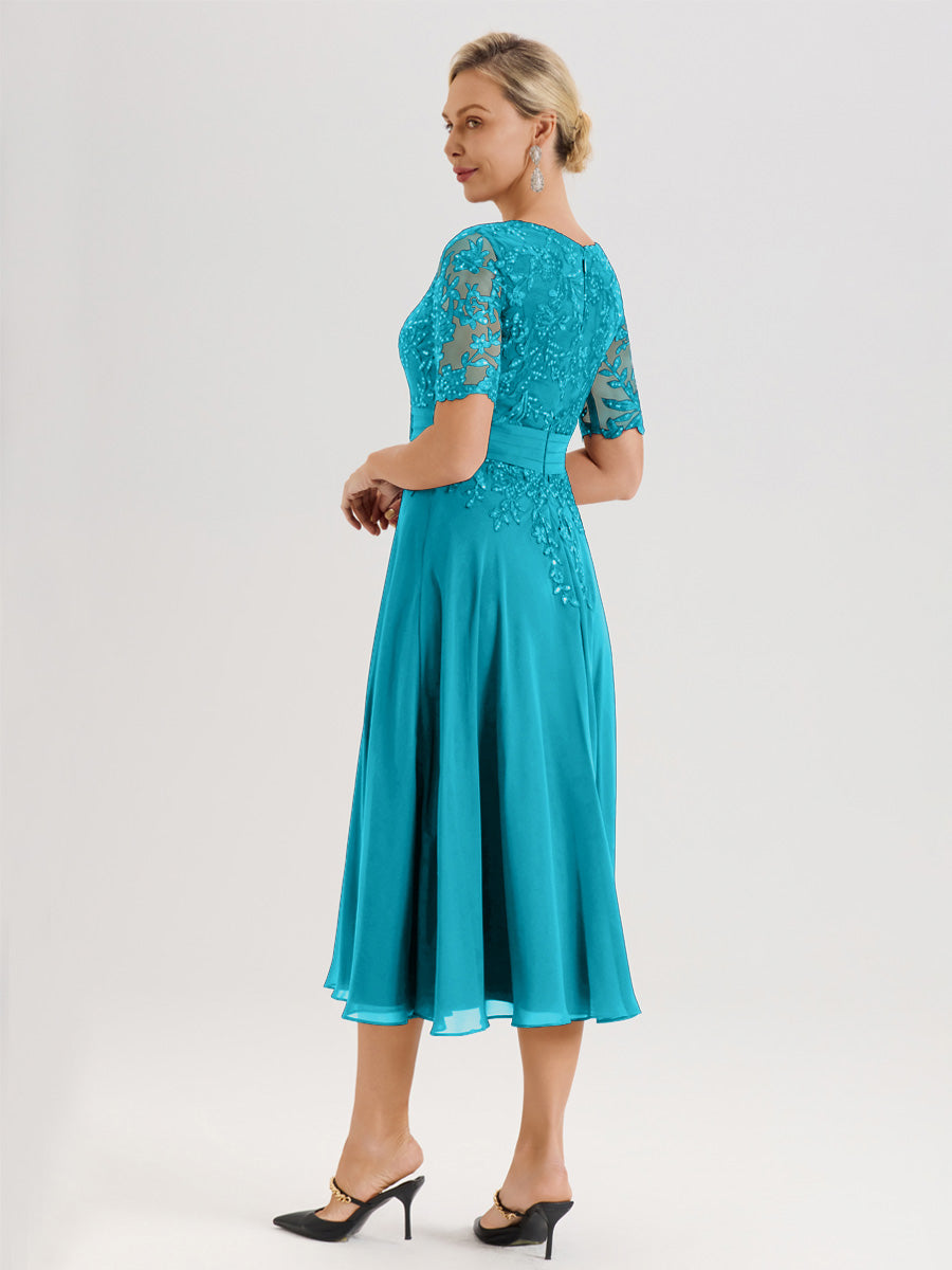 Cicinia Robe Mère De La Mariée Moderne Jade Décolleté En V Manches Courtes Longueur Mi-Mollet