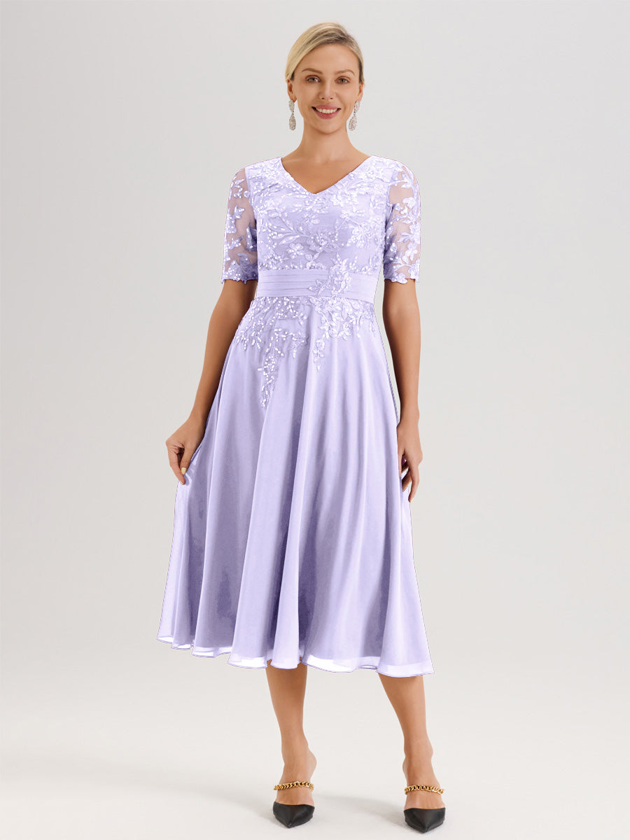 Cicinia Robe Mère De La Mariée Moderne Lilas Décolleté En V Manches Courtes Longueur Mi-Mollet