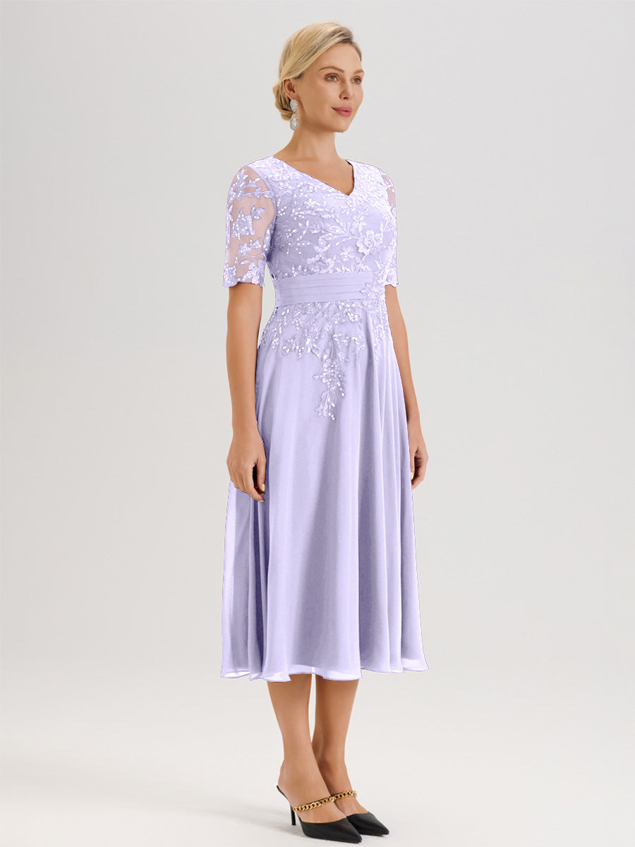Cicinia Robe Mère De La Mariée Moderne Lilas Décolleté En V Manches Courtes Longueur Mi-Mollet