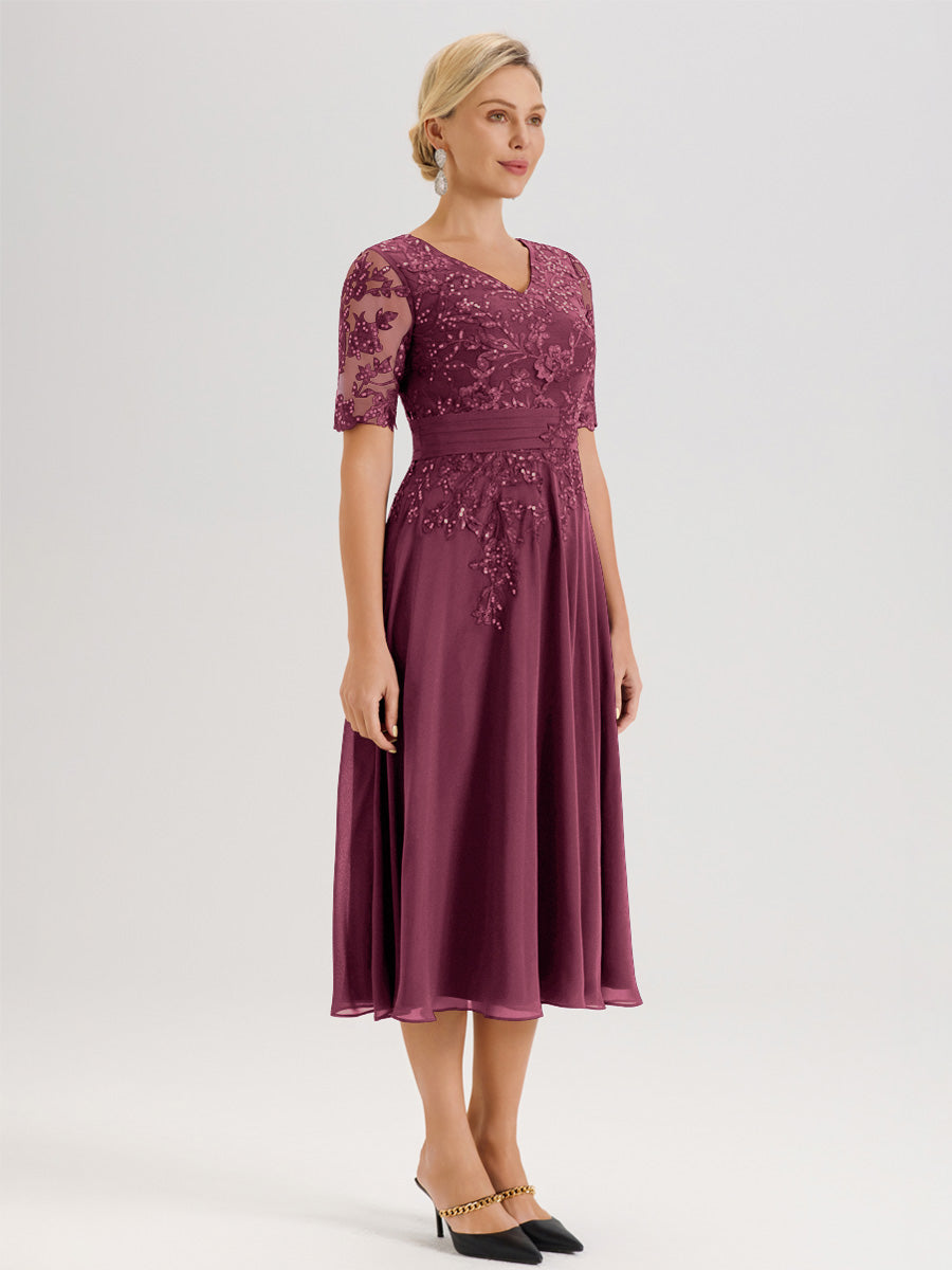 Cicinia Robe Mère De La Mariée Moderne Mûre Décolleté En V Manches Courtes Longueur Mi-Mollet