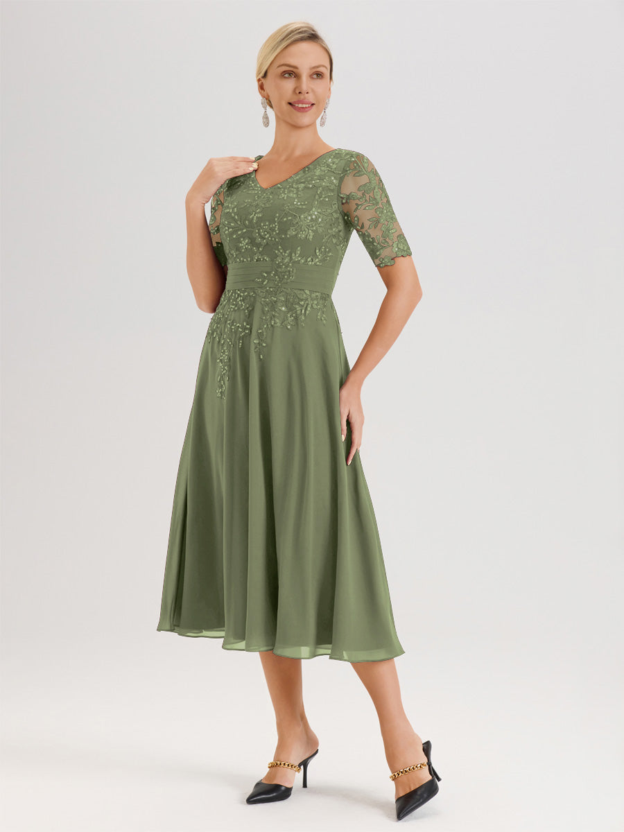 Cicinia Robe Mère De La Mariée Moderne Vert Olive Décolleté En V Manches Courtes Longueur Mi-Mollet
