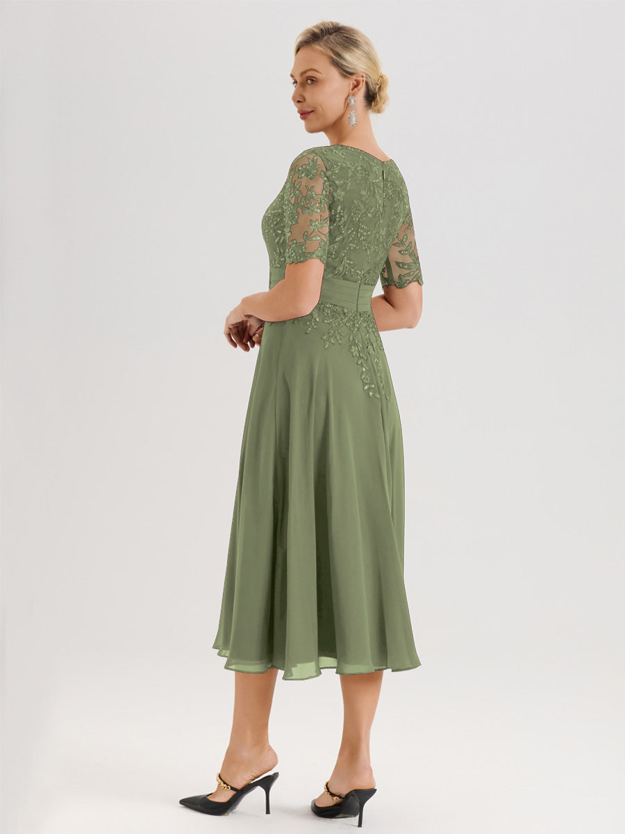 Cicinia Robe Mère De La Mariée Moderne Vert Olive Décolleté En V Manches Courtes Longueur Mi-Mollet
