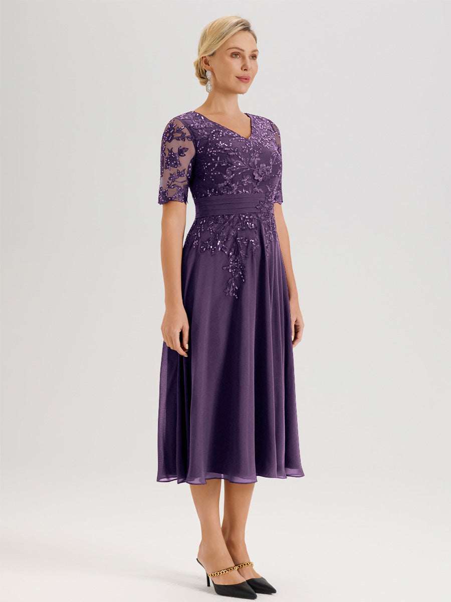 Cicinia Robe Mère De La Mariée Moderne Plum Décolleté En V Manches Courtes Longueur Mi-Mollet