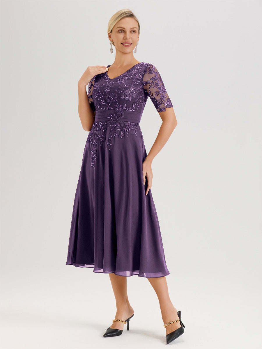 Cicinia Robe Mère De La Mariée Moderne Plum Décolleté En V Manches Courtes Longueur Mi-Mollet