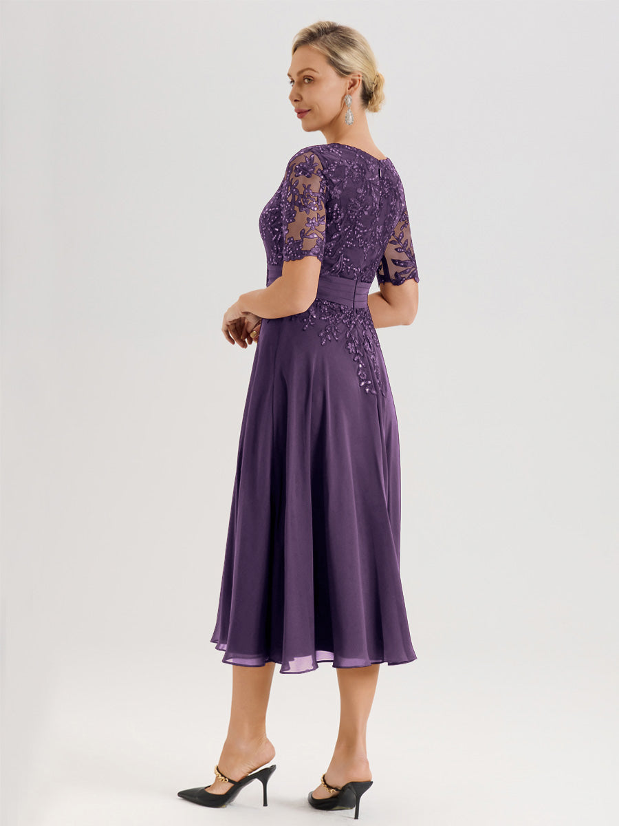 Cicinia Robe Mère De La Mariée Moderne Plum Décolleté En V Manches Courtes Longueur Mi-Mollet